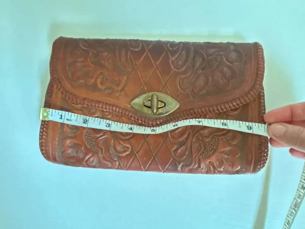 Vintage Hand-Tooled Floral Leather Clutch Purse with Turn-Lock Closure